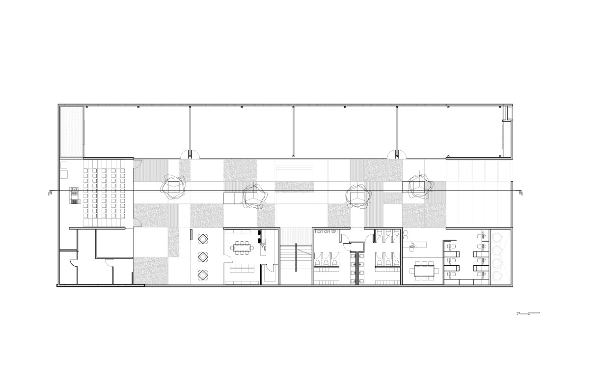 Floor plan drawing showing a central hall with four tree canopies, a lecture room, meeting rooms and restrooms along a long rectangular block