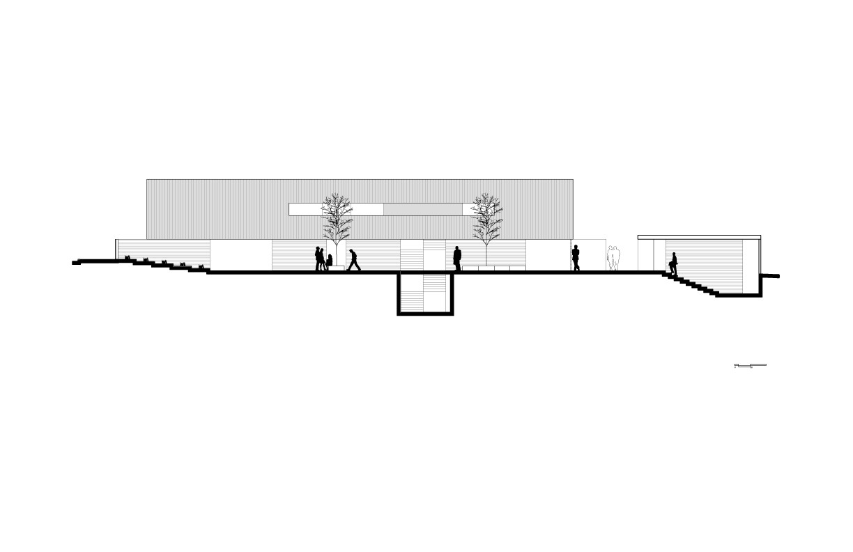 Section drawing of a long low building with a ribbon window, two trees, sunken stair and figures walking on stepped ground