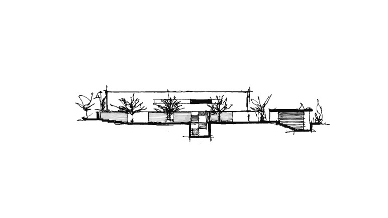 Hand sketch of a building section with loose trees, a sunken stair and a small side pavilion on sloping ground