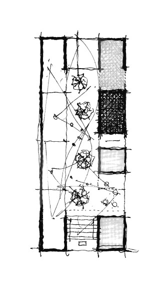 Hand-drawn plan sketch of a narrow courtyard with four trees, shaded blocks along one side and a stair at the base