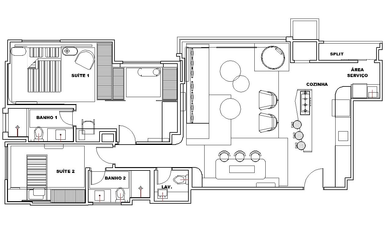 Floor plan drawing of an apartment with two bedroom suites, bathrooms, an open living and dining area, kitchen and service area