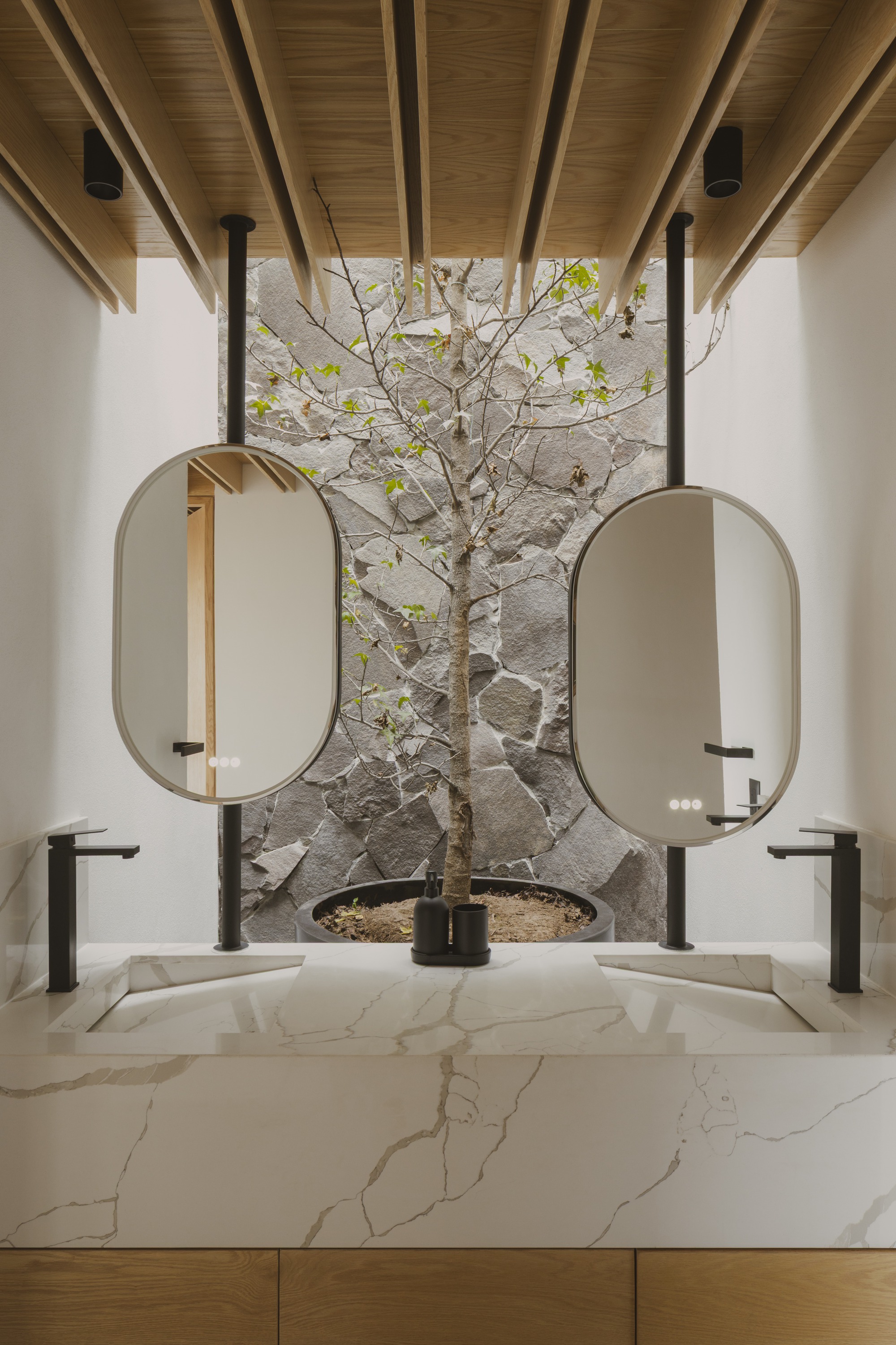 Twin oval mirrors hung from the ceiling over a marble vanity, with a potted tree against a rough stone wall