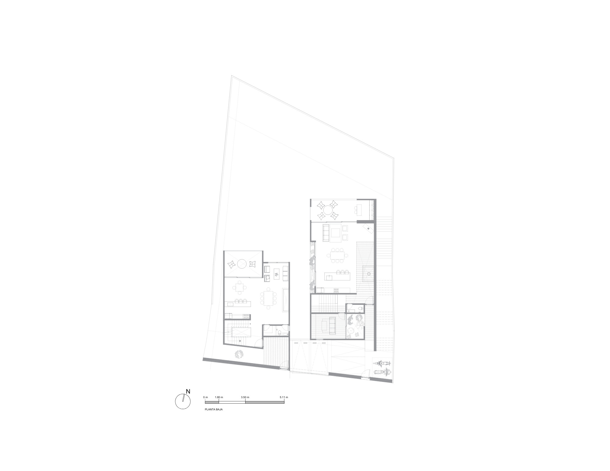 Ground floor plan drawing showing two separate houses with living, dining and kitchen areas on a trapezoid site with a north arrow