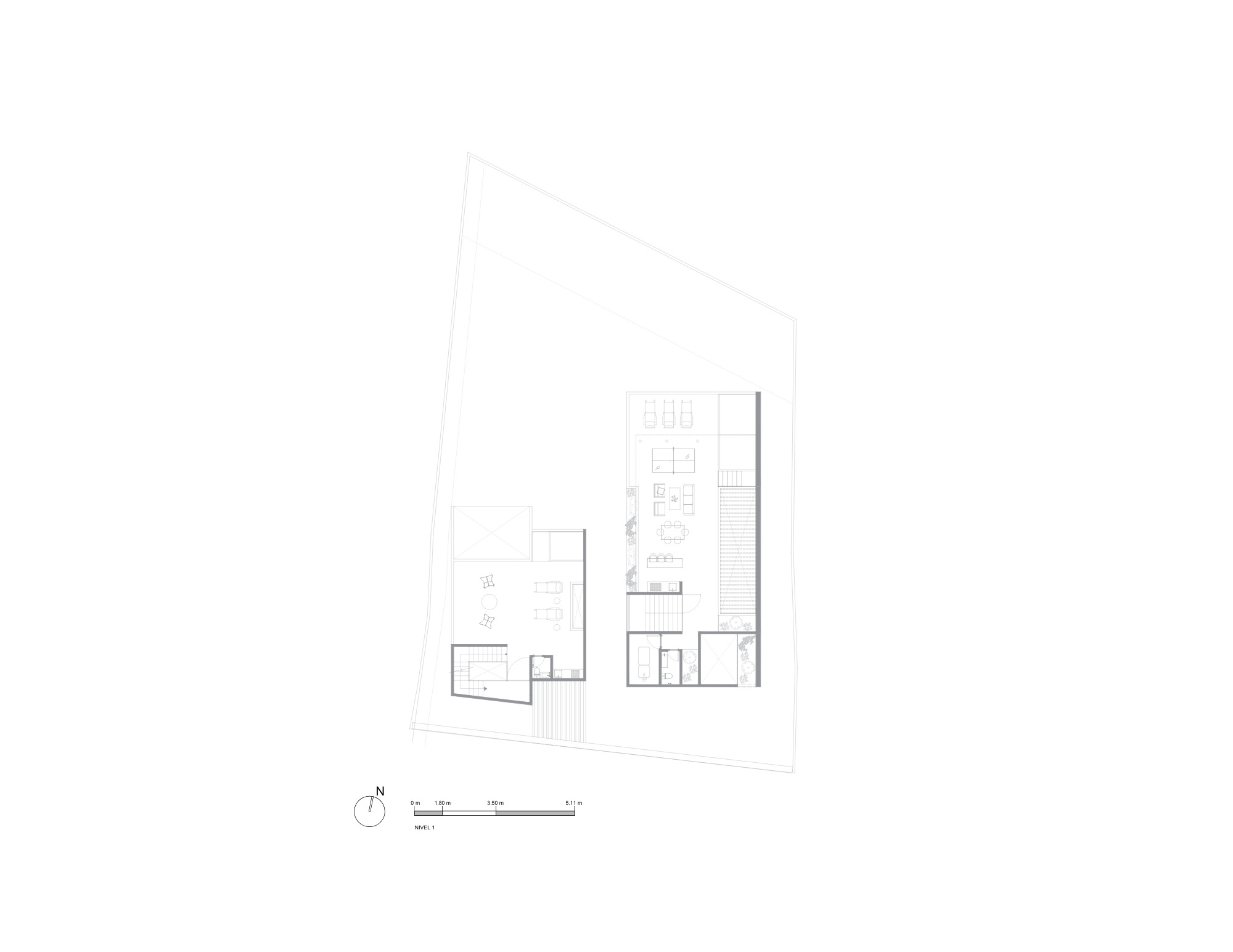 Ground floor plan drawing showing two separate volumes on an angled site, with stairs, a dining table and lounge chairs