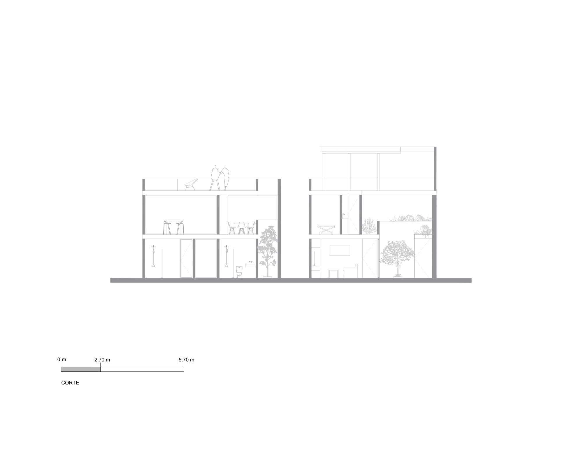 Section drawing cutting through two three-level volumes, with furniture, a roof terrace with figures and a tree in a ground floor courtyard