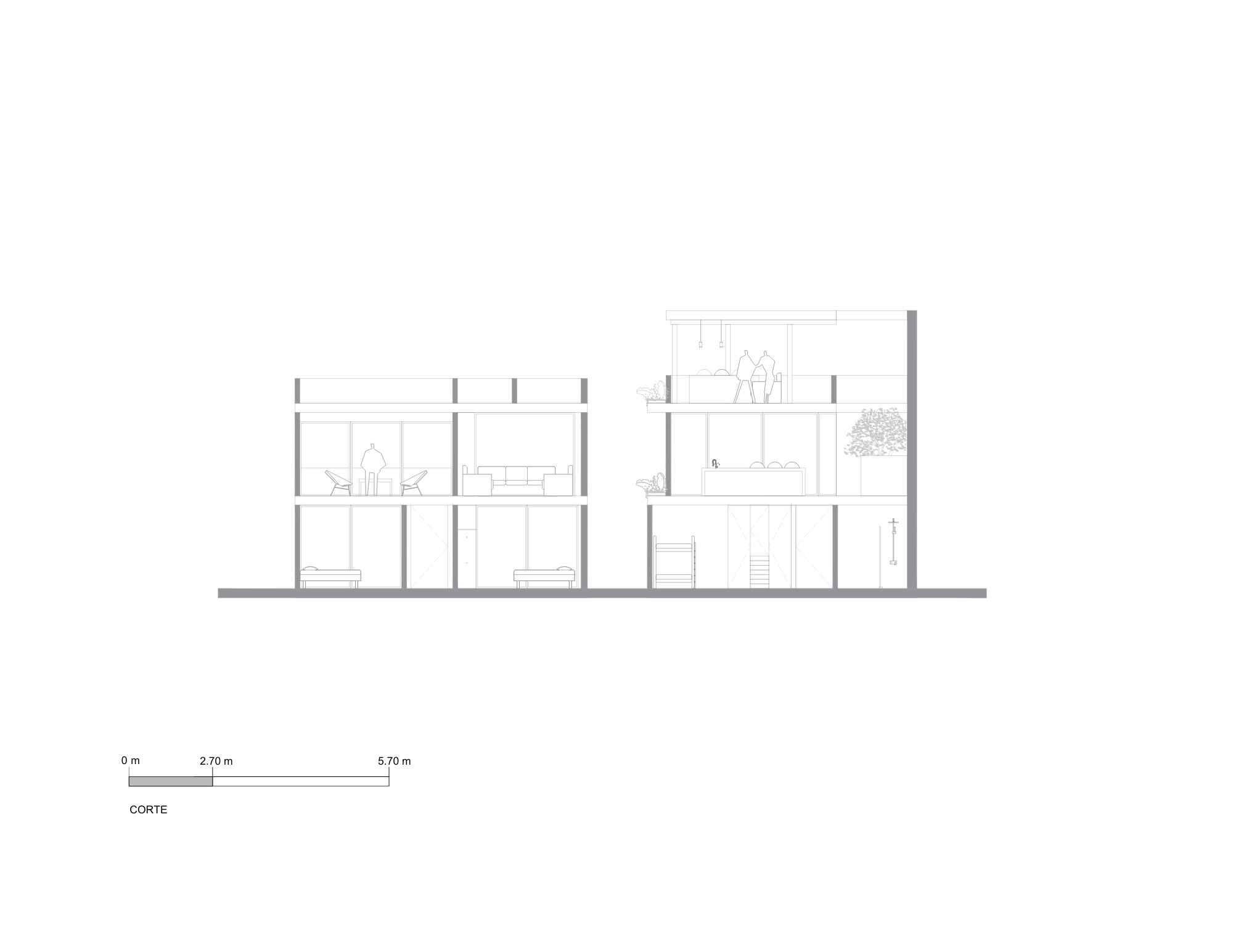 Section drawing of two stacked volumes showing bedrooms, living room seating, a dining table and a planted tree beside a tall wall