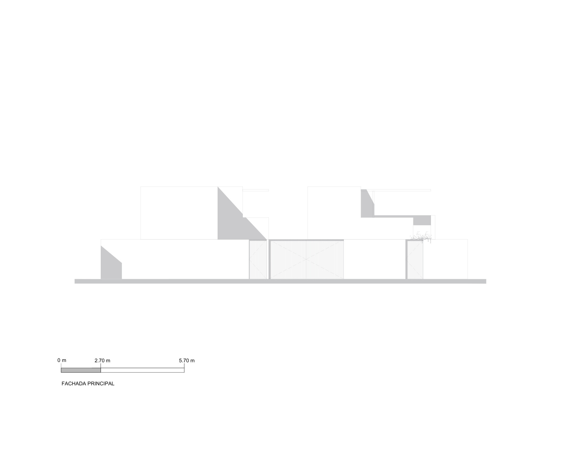 Front elevation drawing of stepped white volumes with a central gate and diagonal shadow shapes above a long boundary wall