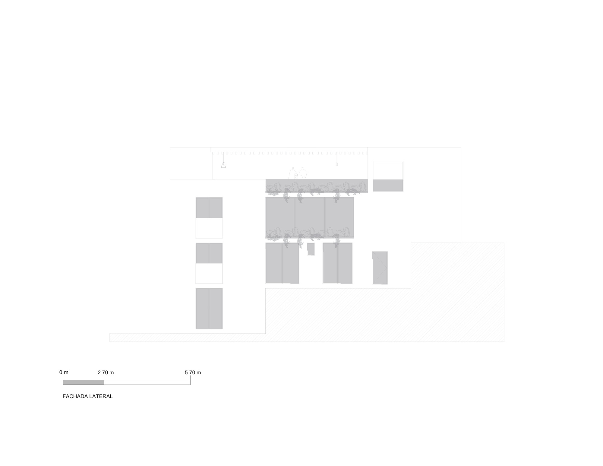 Side elevation drawing showing grey shaded window panels, planters along the upper floors and a roof pergola with hanging lamps