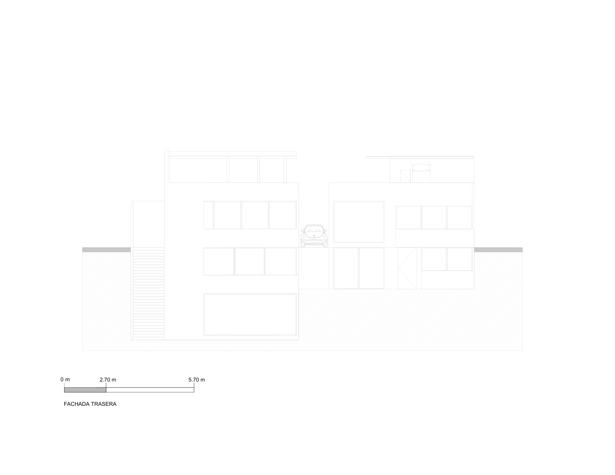 Rear elevation drawing of two volumes with ribbon windows, an exterior stair on the left and a small car between them