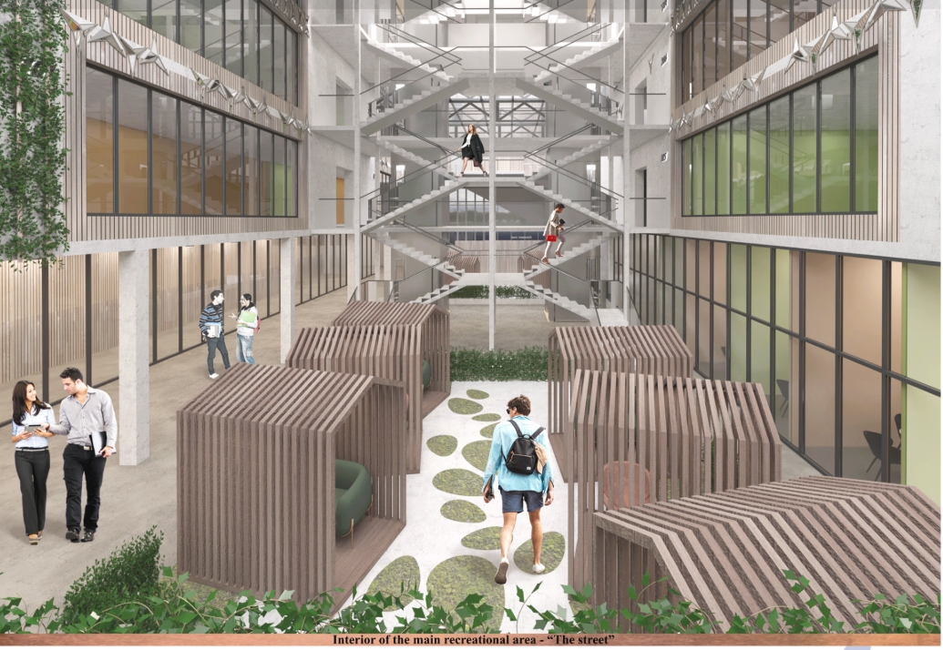 Atrium with crisscrossing concrete stairs and timber slatted pavilions along a stepping-stone path, with students walking and carrying backpacks. Image: Xsenia Toropova, Anastasia Filatova
