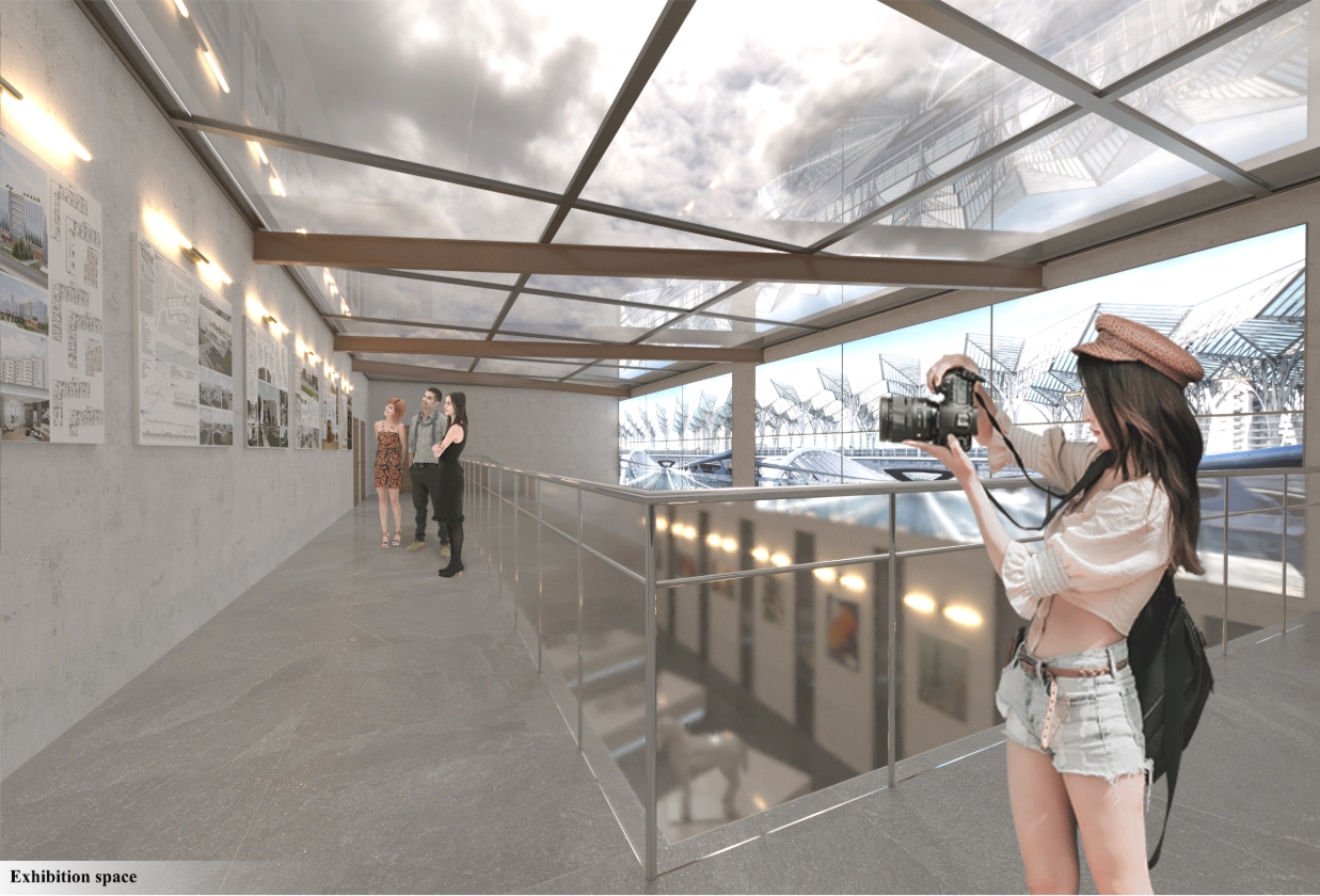 Glass-roofed exhibition gallery with wall-mounted display boards and a photographer in the foreground, seen under a cloudy sky. Image: Xsenia Toropova, Anastasia Filatova
