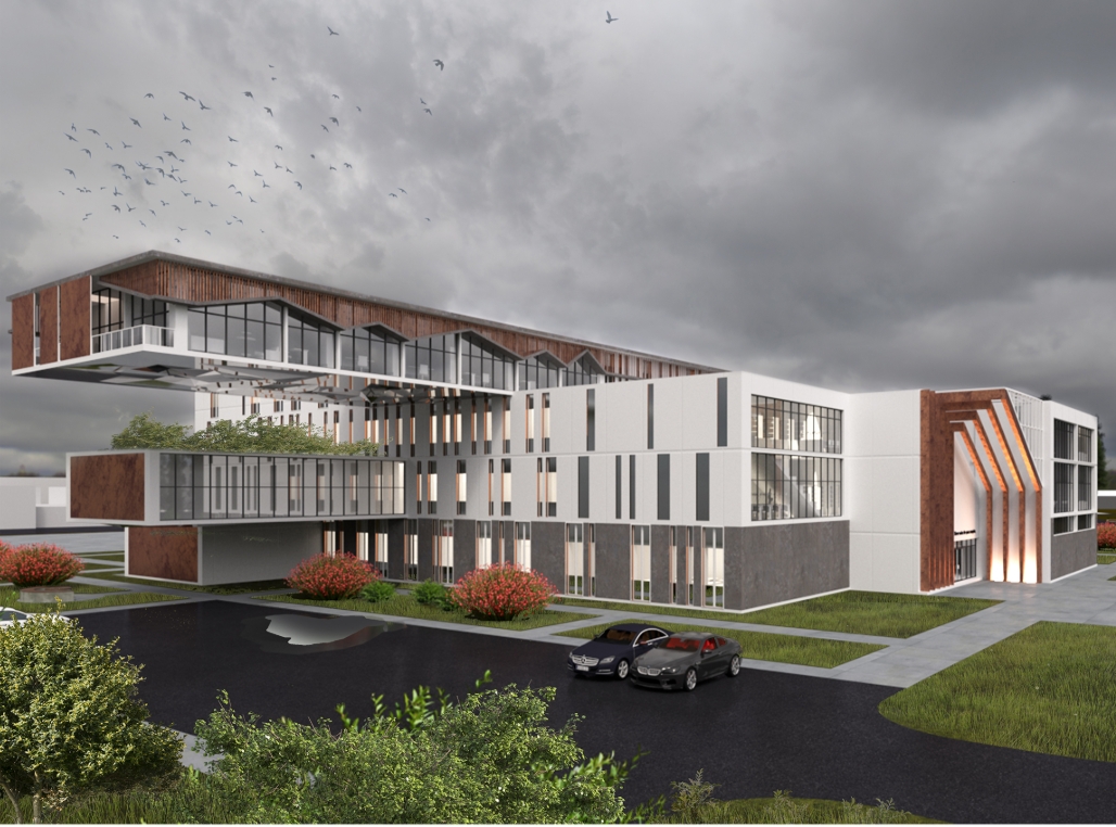 Rendered view of the cantilevered upper volume with rust-toned panels over a white facade, under heavy grey clouds and a flock of birds. Image: Xsenia Toropova, Anastasia Filatova