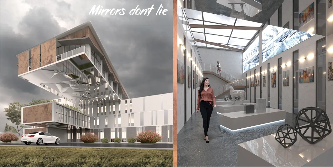 Split view of the overhanging rust-clad block outside and a gallery interior with sculptures and a woman walking, beneath a stormy sky. Image: Xsenia Toropova, Anastasia Filatova