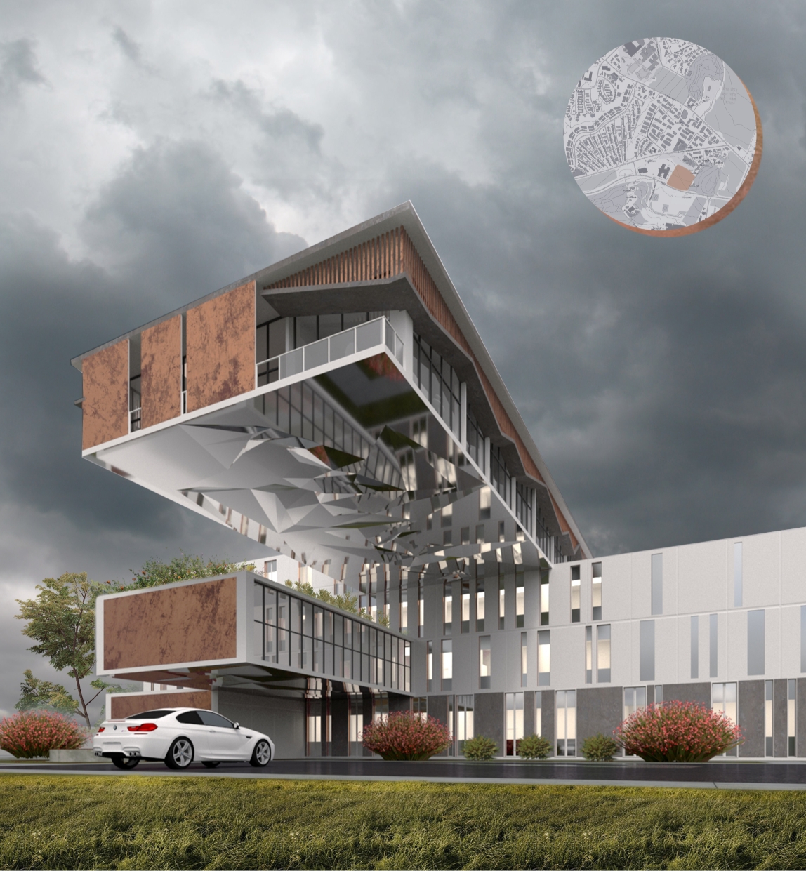 Low view of the cantilevered block with a faceted mirrored underside above a parked white car, with a circular site map in the clouds. Image: Xsenia Toropova, Anastasia Filatova