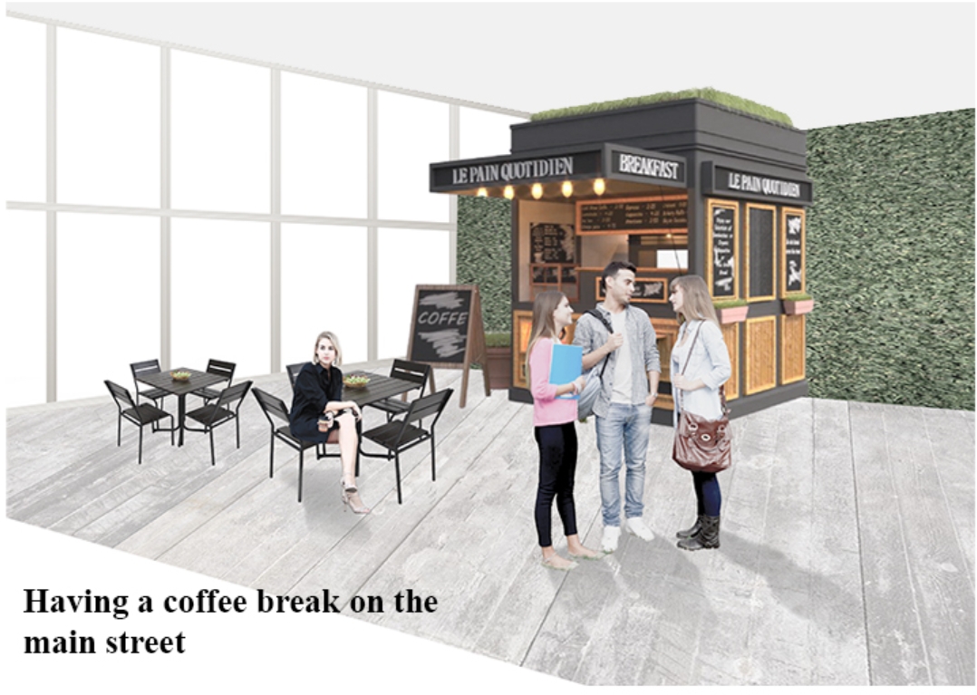 Rendering of a small bakery kiosk with a green roof, café tables and a seated woman beside a leafy wall. Image: Xsenia Toropova, Anastasia Filatova