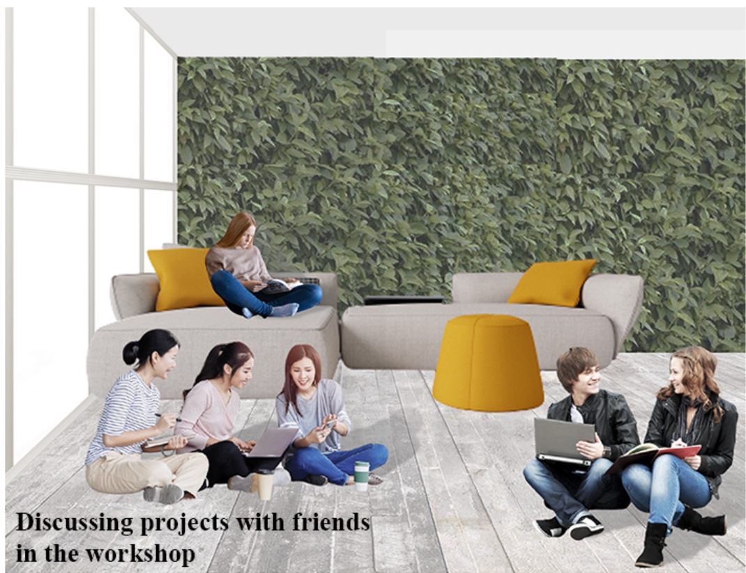 Rendering of students sitting on a timber floor around a grey sofa and yellow pouf in front of a leafy wall. Image: Xsenia Toropova, Anastasia Filatova