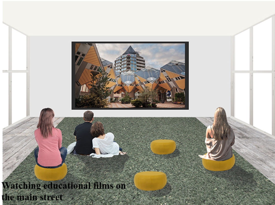 Rendering of viewers seated on yellow poufs and turf flooring facing a projected image of tilted cube-shaped buildings. Image: Xsenia Toropova, Anastasia Filatova