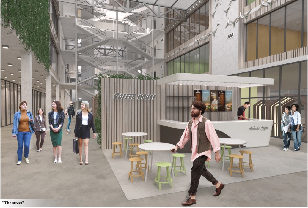 Rendering of a slatted coffee kiosk with stools and walking pedestrians below a glazed atrium with crossing staircases. Image: Xsenia Toropova, Anastasia Filatova