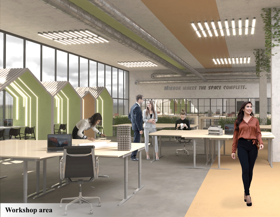 Rendering of a workshop hall with long desks, house-shaped green pods, exposed ducts and linear ceiling lights beside a glass wall. Image: Xsenia Toropova, Anastasia Filatova