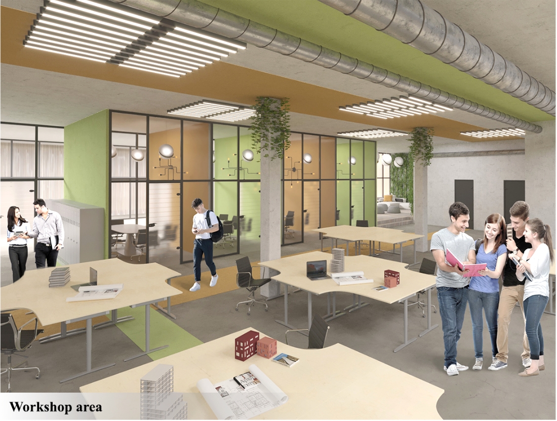 Workshop area with curved wooden desks, glass-walled meeting rooms and exposed ductwork, as students gather around an open book. Image: Xsenia Toropova, Anastasia Filatova
