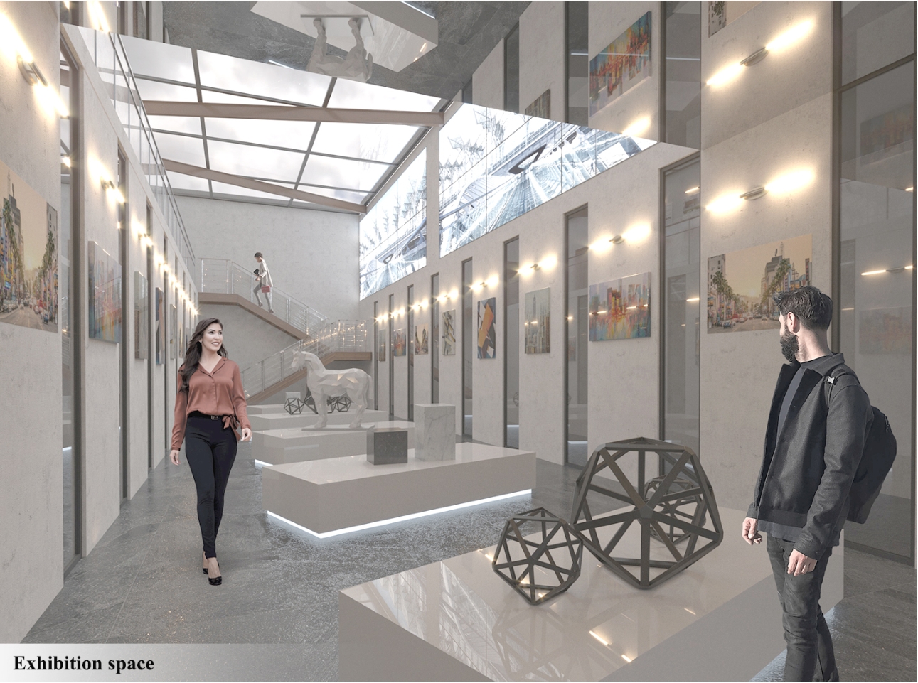Exhibition hall with framed paintings, a white horse sculpture and wireframe geometric forms beneath a skylit stair, visitors walking through. Image: Xsenia Toropova, Anastasia Filatova