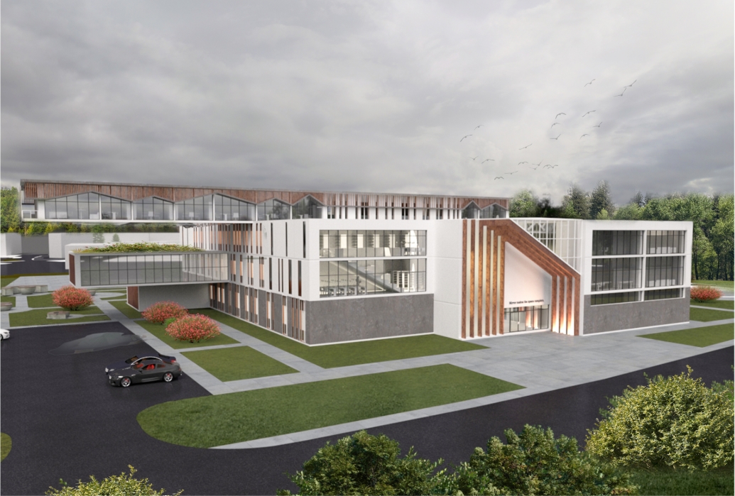 Entrance facade with timber fins over an angled canopy, a green roof terrace and lawns under heavy grey clouds. Image: Xsenia Toropova, Anastasia Filatova