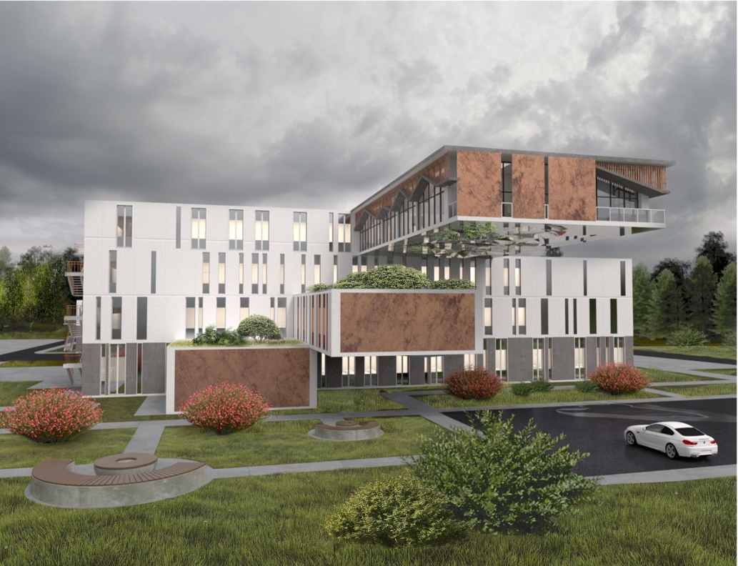 Stacked white volumes with rust-toned panel cladding and a cantilevered upper block above planted roofs, under a stormy sky. Image: Xsenia Toropova, Anastasia Filatova