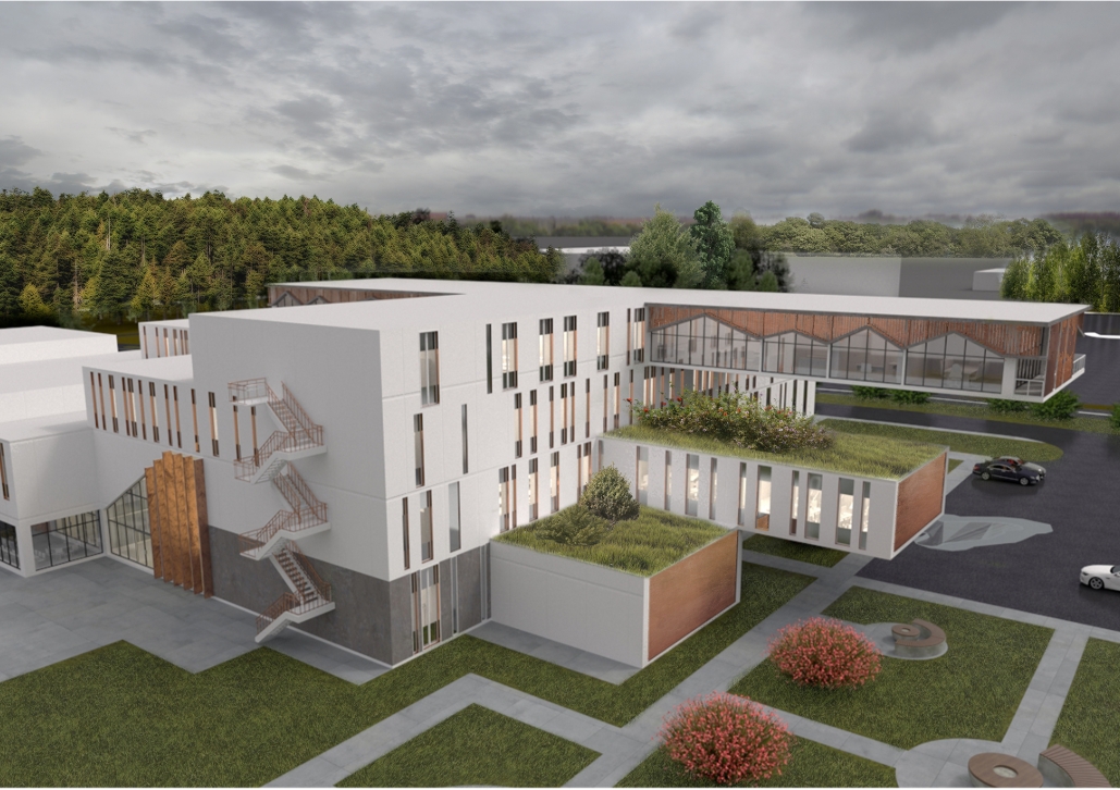 Aerial view of the white facade with external red stairs and grass-covered roof terraces, backed by a pine forest. Image: Xsenia Toropova, Anastasia Filatova