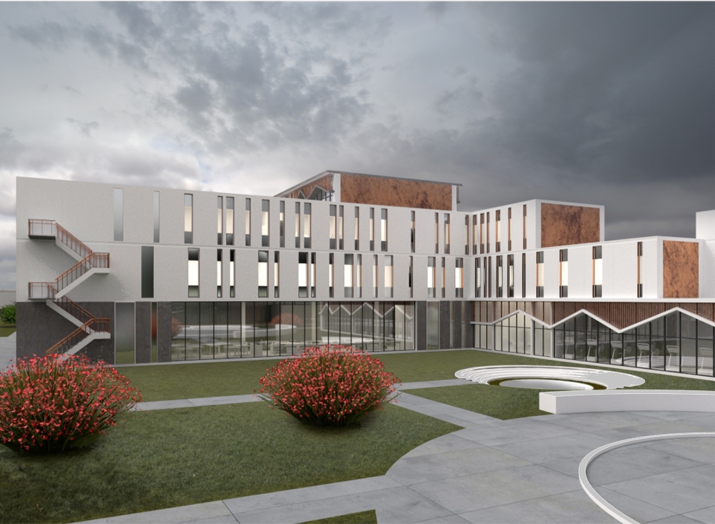 Courtyard elevation with external stairs, glazed ground floor and a zigzag roofline beside a sunken circular seating area, under dark clouds. Image: Xsenia Toropova, Anastasia Filatova