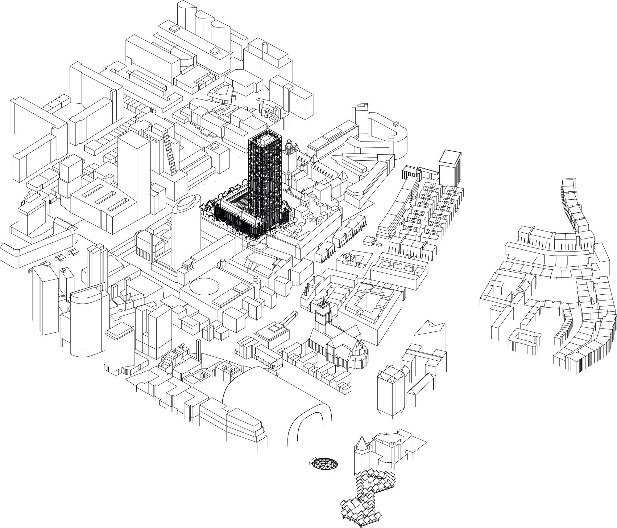 Axonometric drawing of a dense city block with one tower emphasized in heavy line among low surrounding massing
