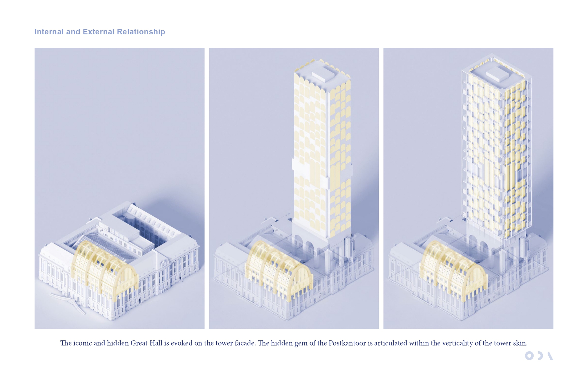 Three axonometric views of a historic building with a yellow vaulted hall, and a tower facade echoing that yellow pattern