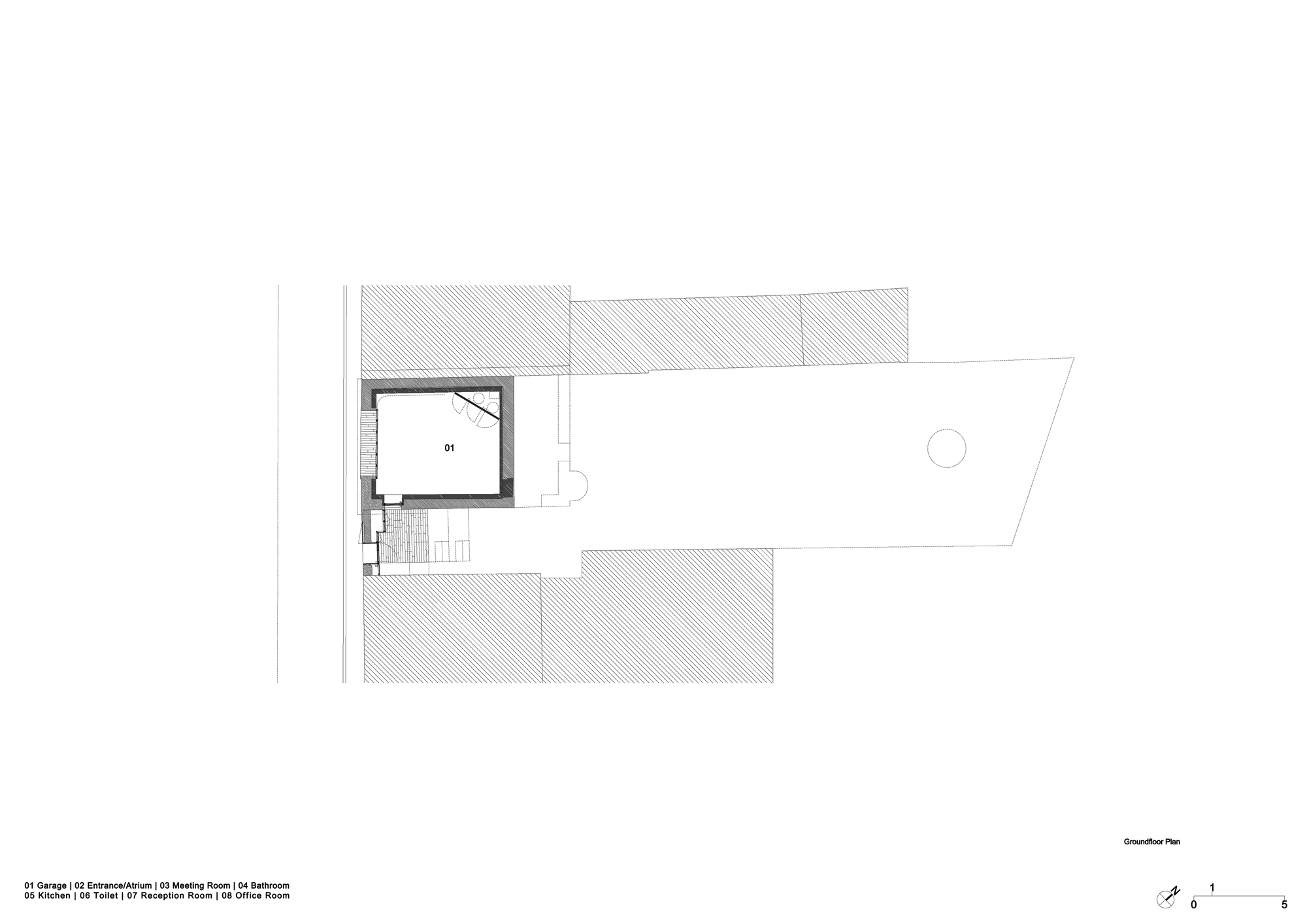 Ground floor plan drawing showing a square garage volume at the street edge beside hatched neighboring buildings and a long open plot