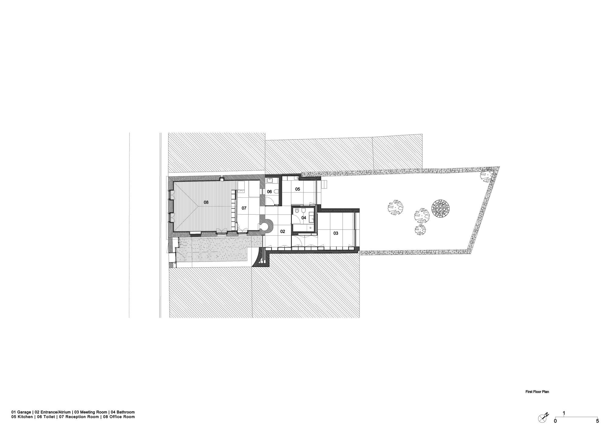 First floor plan drawing showing office, reception, kitchen and meeting rooms arranged around a small entrance atrium, with a walled garden and three trees