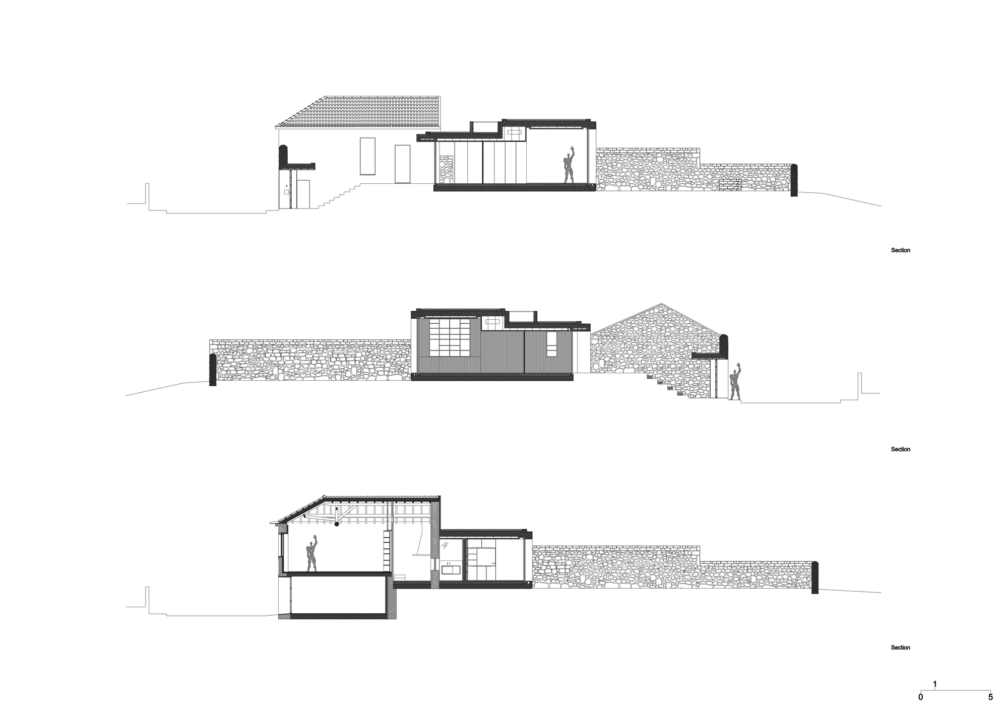 Three stacked section drawings showing the pitched-roof stone house, a flat-roofed glazed extension and a long rubble garden wall, with figures for scale