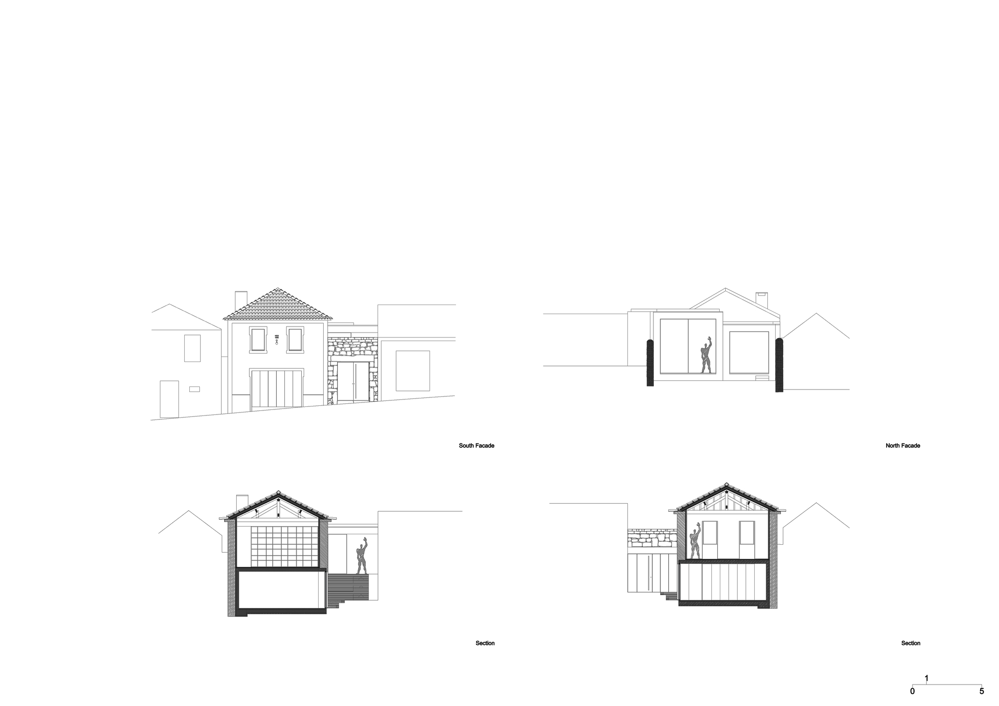 Four drawings of south and north facades plus two sections, showing a tiled gabled house with a gridded glass wall and a flat-roofed addition