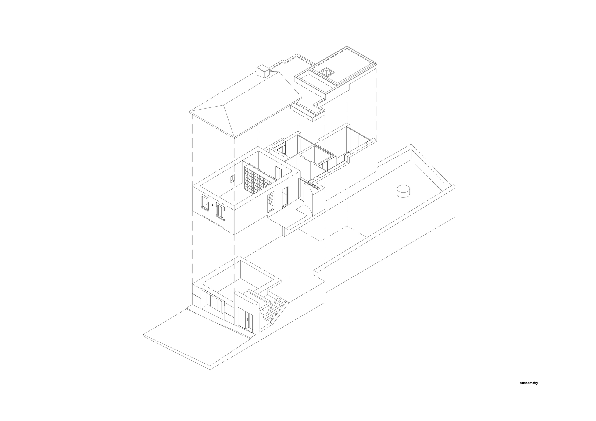 Exploded axonometric drawing separating roofs, upper floor and garage level of the house and extension, with the walled garden at right