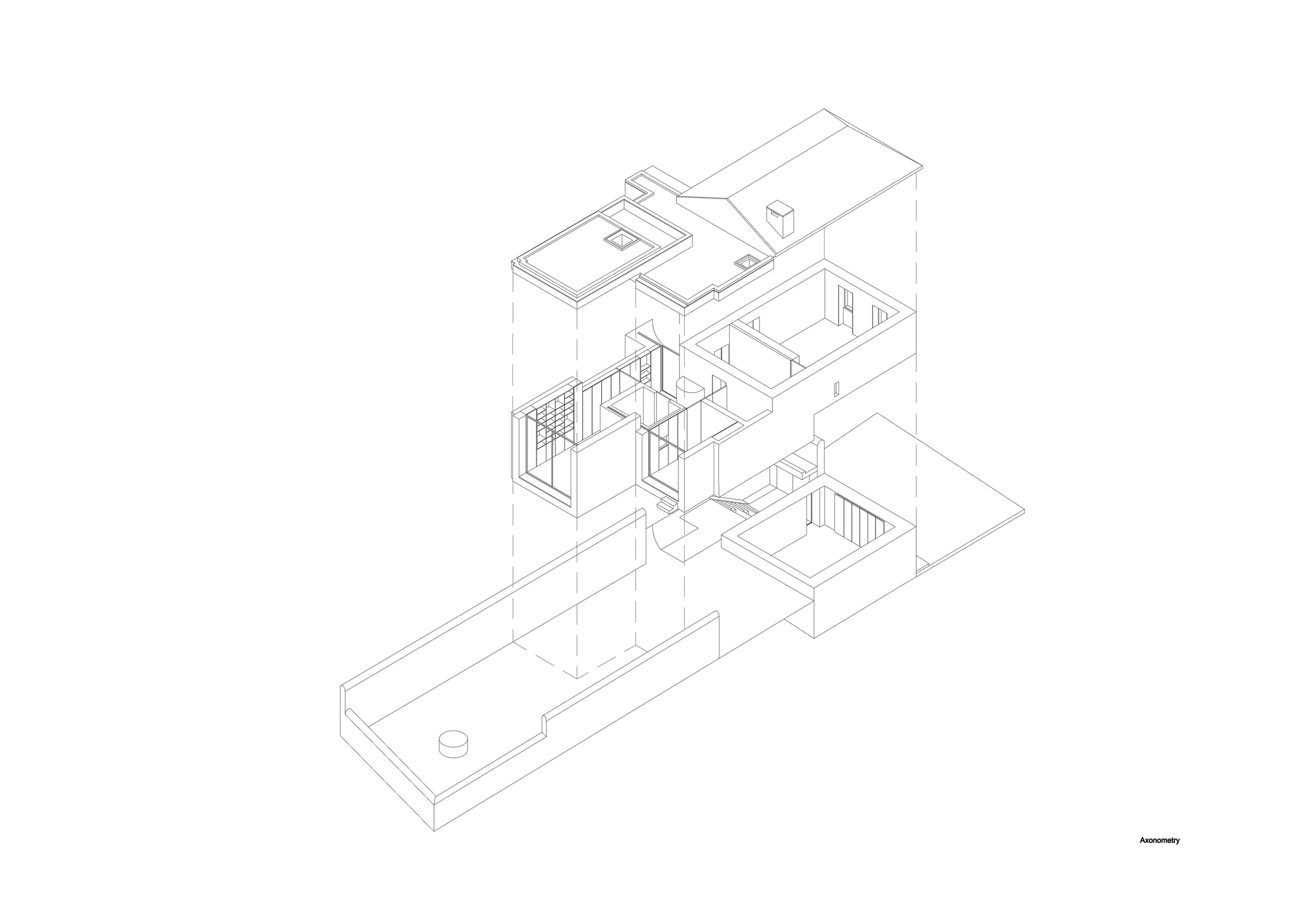 Axonometric drawing showing stacked room volumes, a gabled roof and a long walled terrace with a round drain, separated by dashed vertical lines