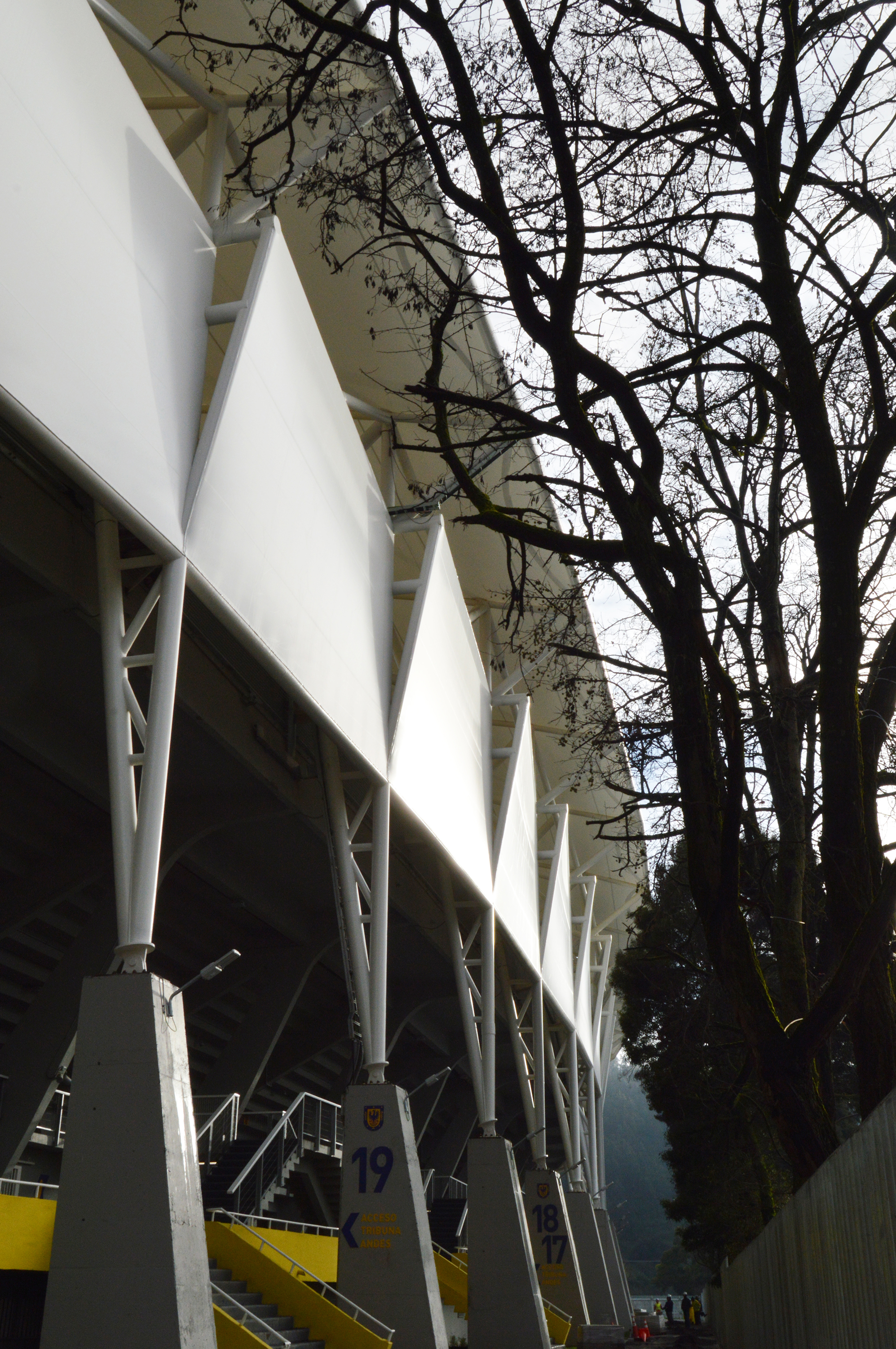Row of white steel columns and triangular membrane panels along the stadium exterior, seen past bare tree branches in winter light