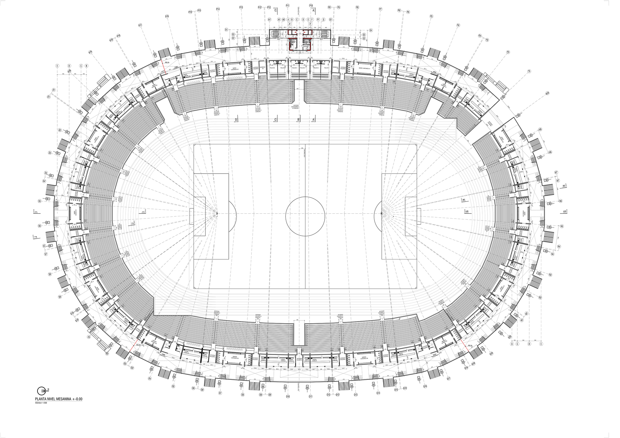Floor plan drawing of the mezzanine level showing an oval stadium bowl, concourse rooms and the central football pitch