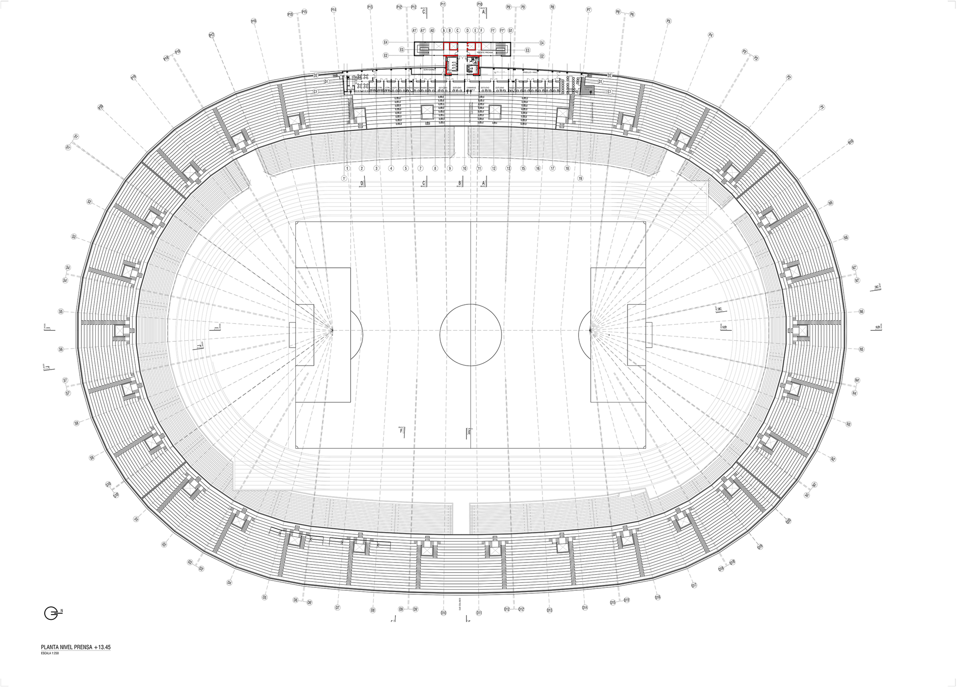 Floor plan drawing of the press level showing continuous oval seating tiers, radial aisles and the press block on the north side