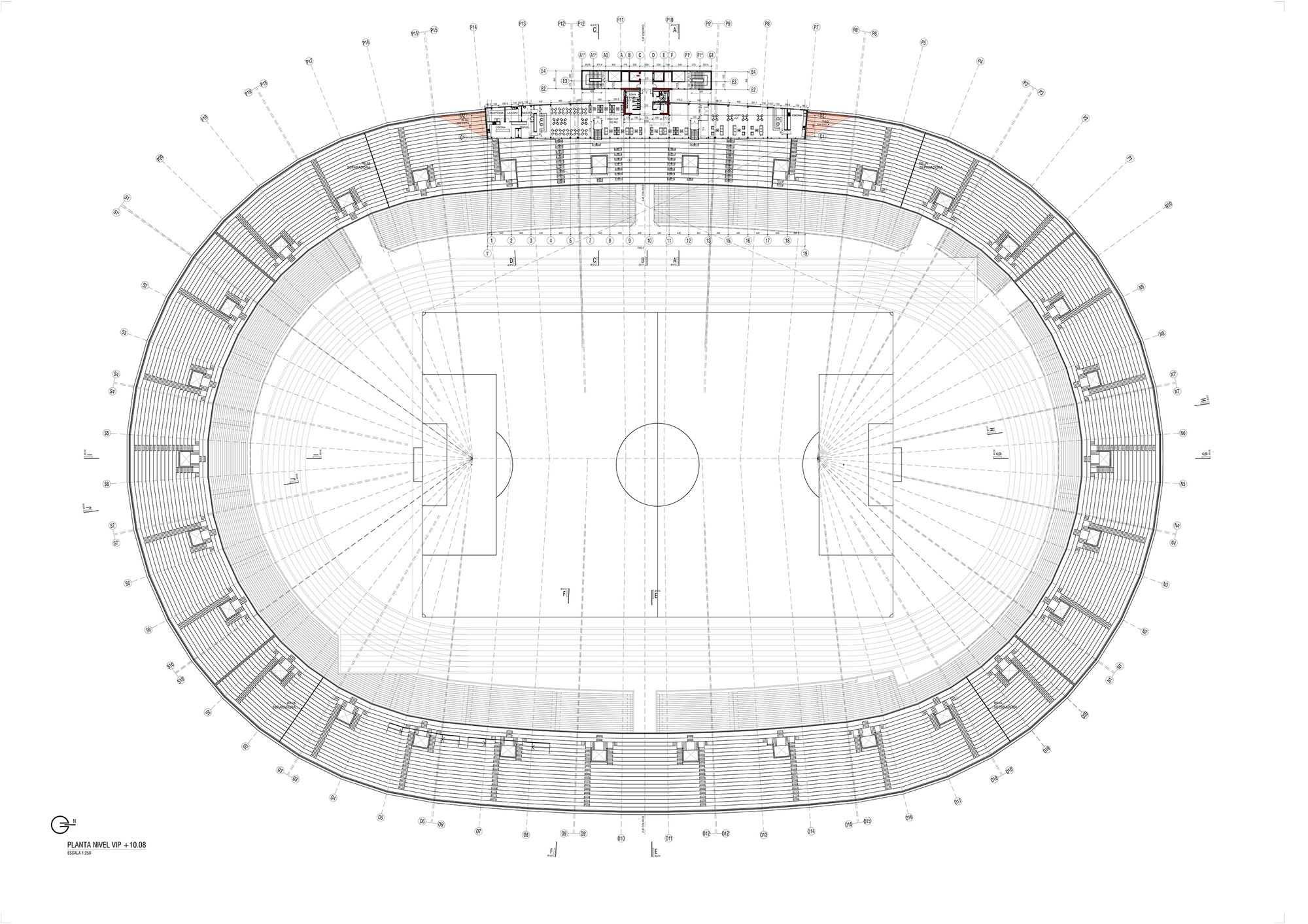 Floor plan drawing of the VIP level showing ringed seating rows around the pitch and a hospitality block at the top edge