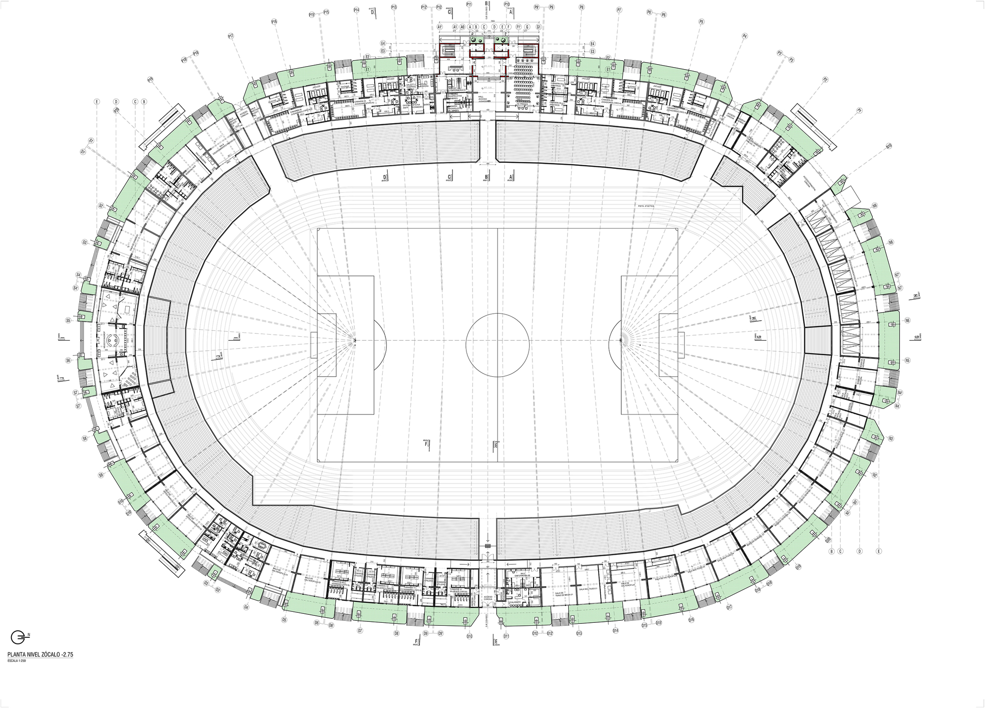 Floor plan drawing of the lowest level showing service rooms around the oval, with green zones marking outer landscaped areas