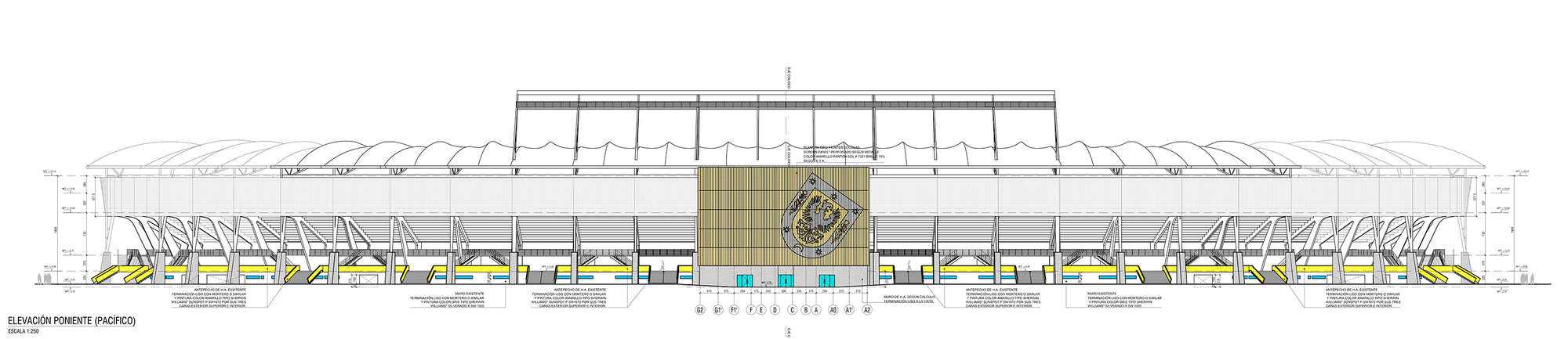 Elevation drawing of the west stadium facade with a central panel bearing a crest, branching columns and a tensile roof