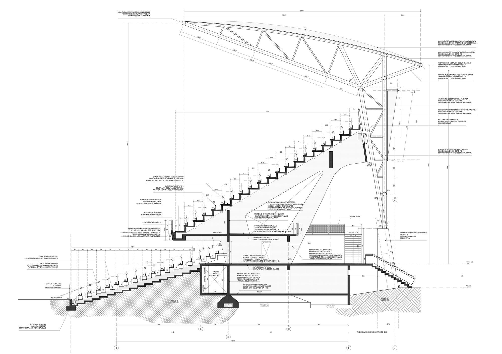 Section drawing through a grandstand showing stepped seating, a concrete support structure and a cantilevered tubular steel roof truss