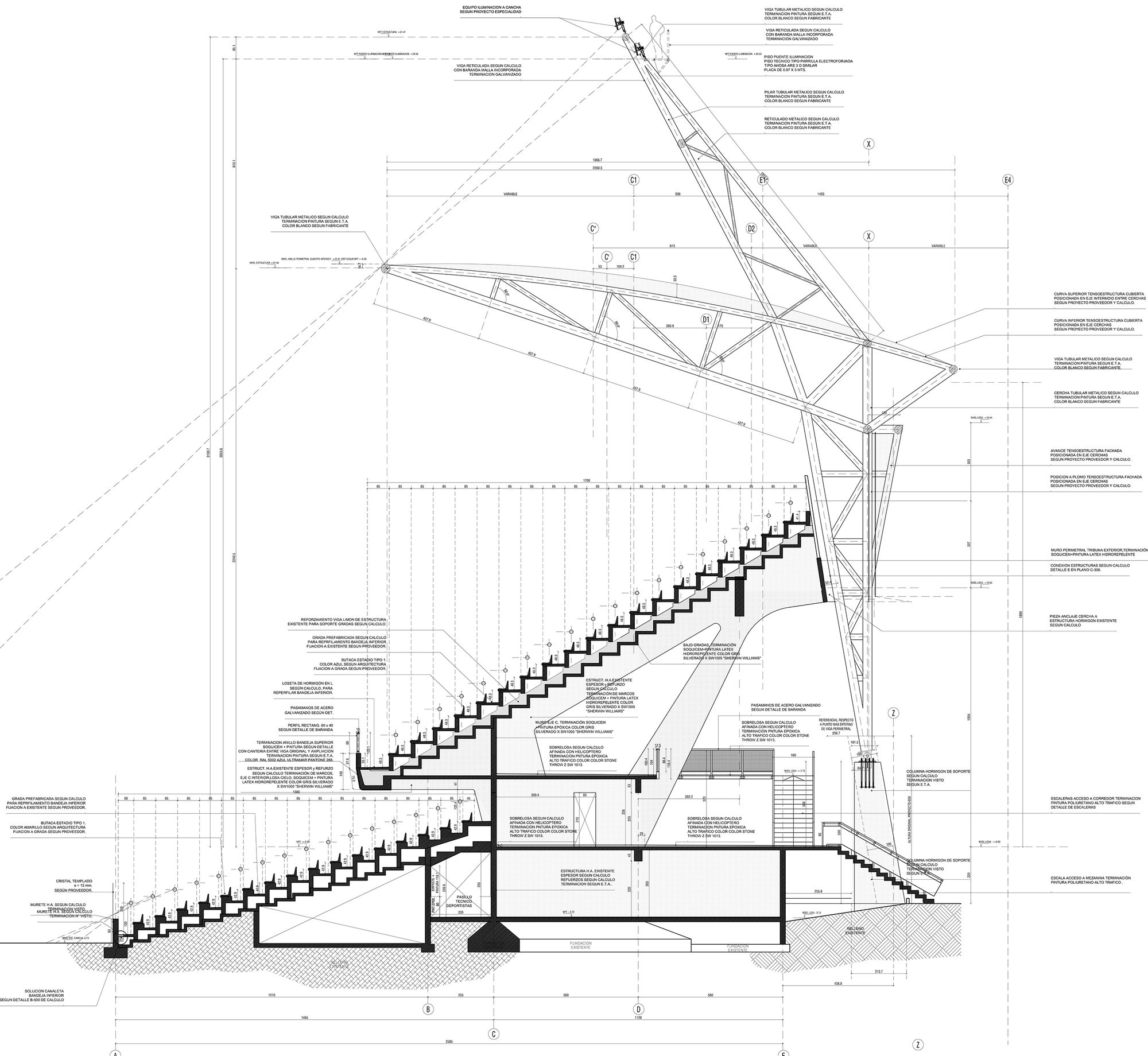 Section drawing of a stadium grandstand showing stepped seating over service rooms, with a tall tubular steel truss and cantilevered roof above