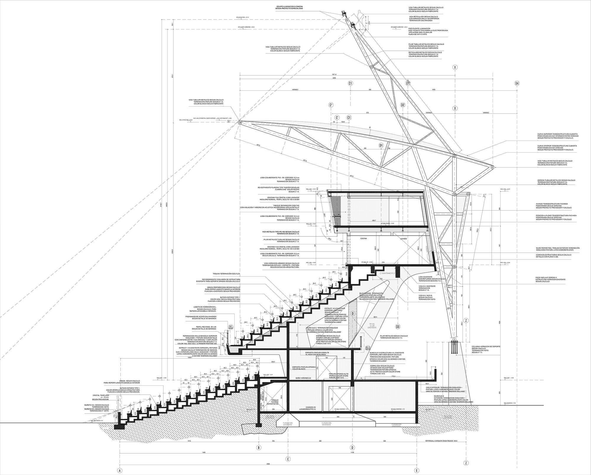 Section drawing of the grandstand with a glazed box level cut into the raked seating, beneath the angled steel roof truss