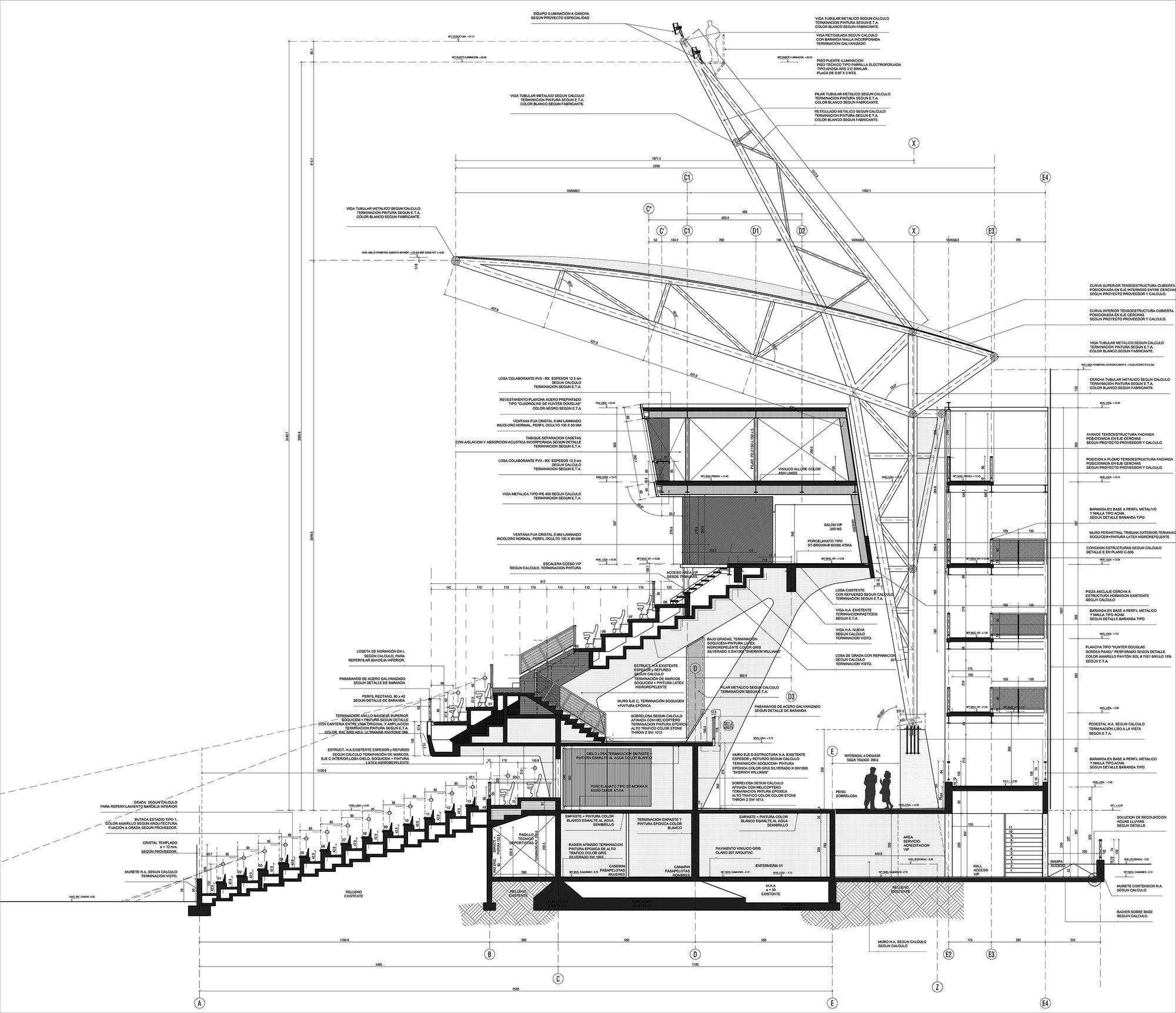 Section drawing of the grandstand and rear circulation block, with two small figures standing in the concourse beneath the roof truss