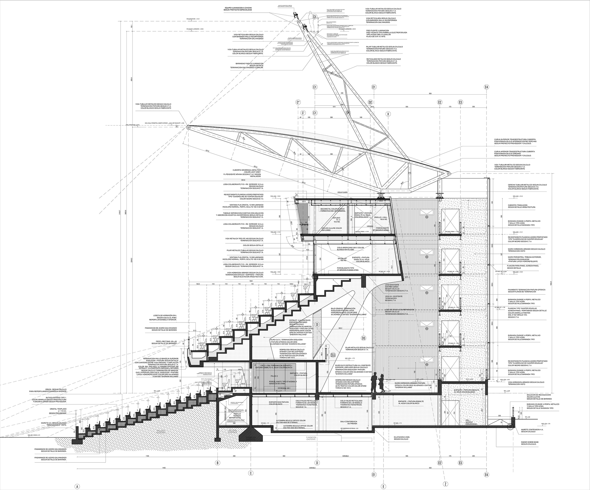 Section drawing showing stepped seating, a glazed press level and a multi-storey rear block, with two figures in the lower concourse