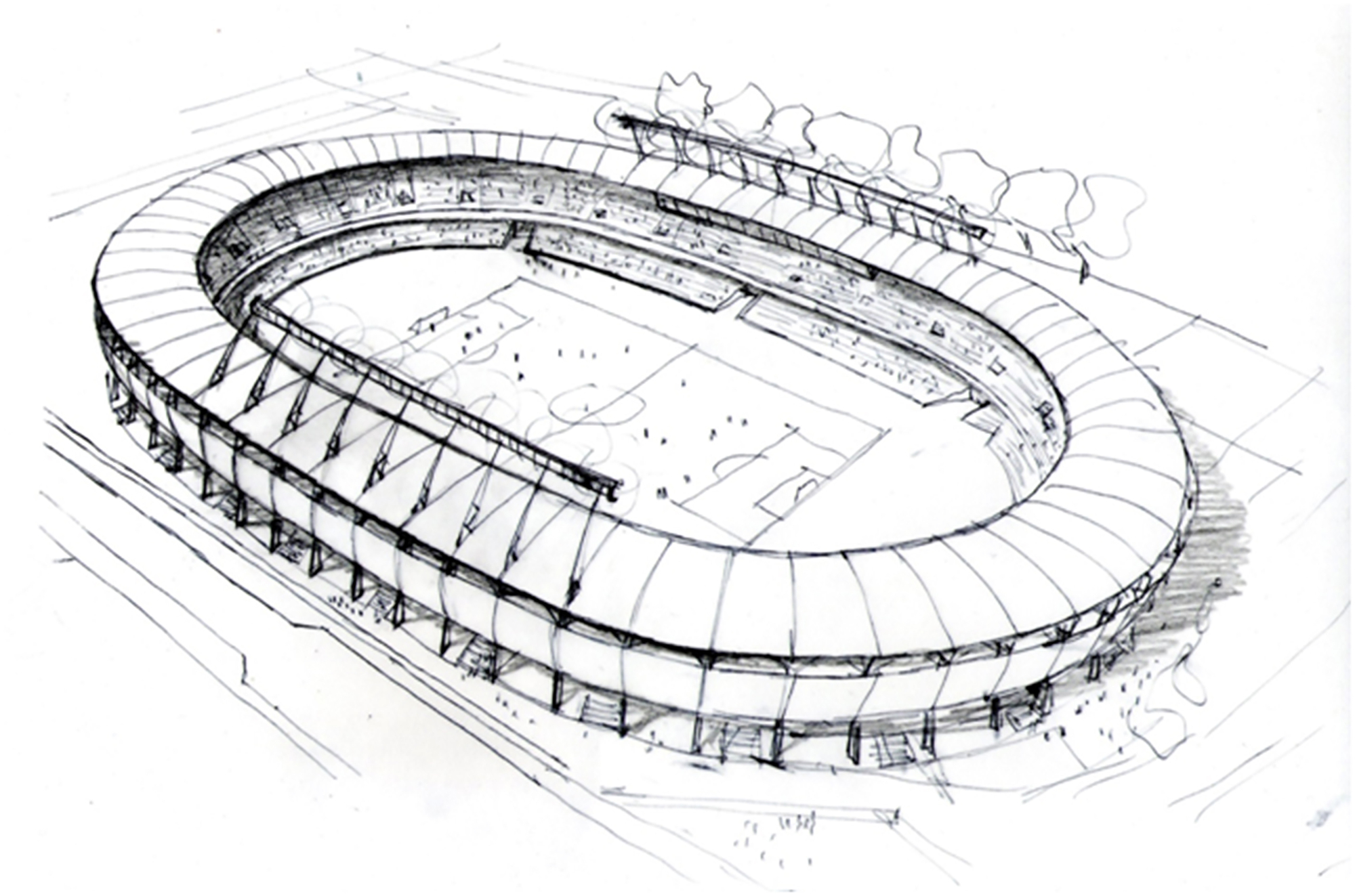 Aerial sketch of an oval stadium with a continuous curved roof ring, angled struts and a football pitch inside, trees at the far edge