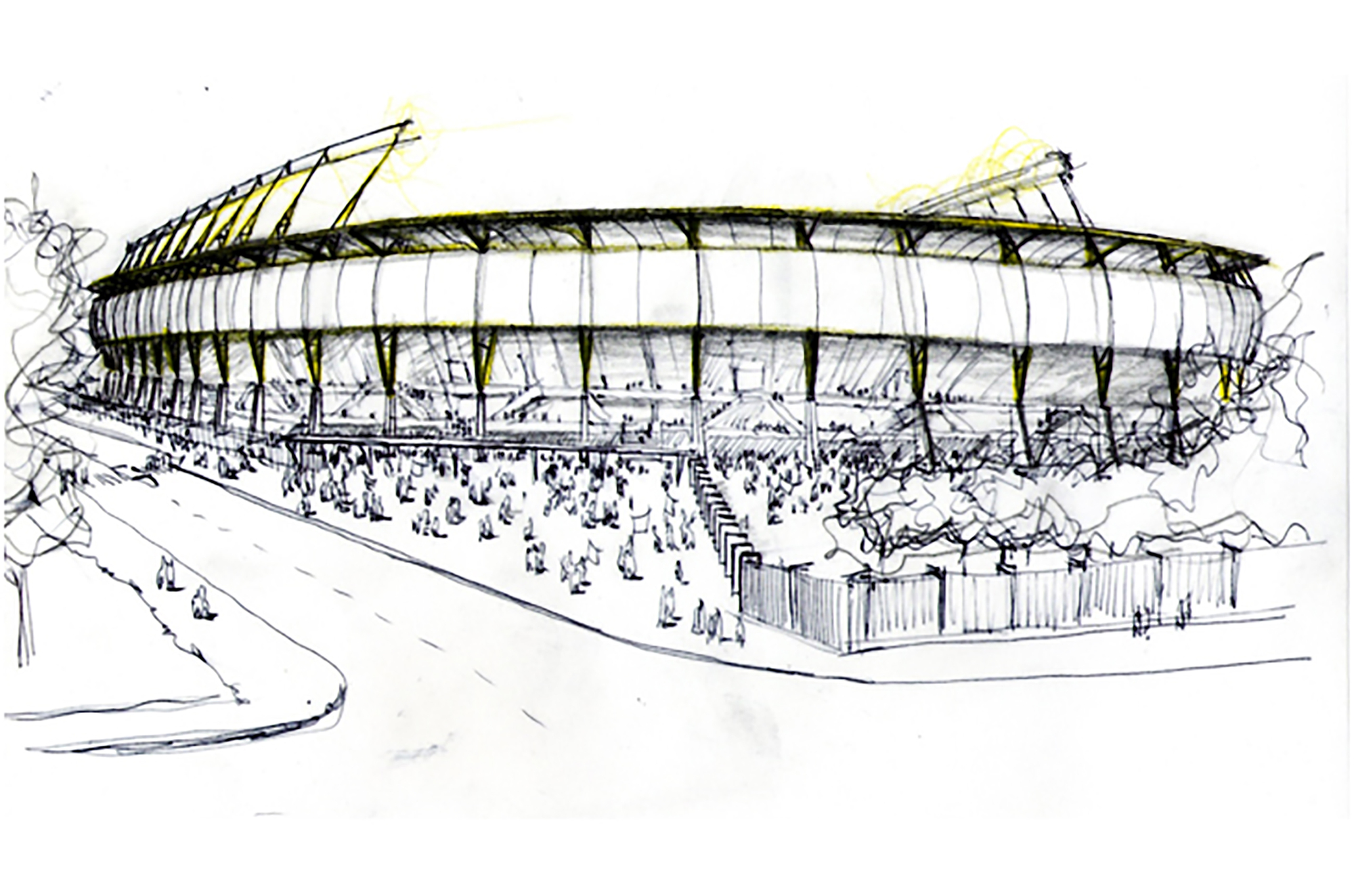 Perspective sketch of the stadium exterior from a street corner, with slanted columns, a curved roof edge and crowds gathered on the forecourt